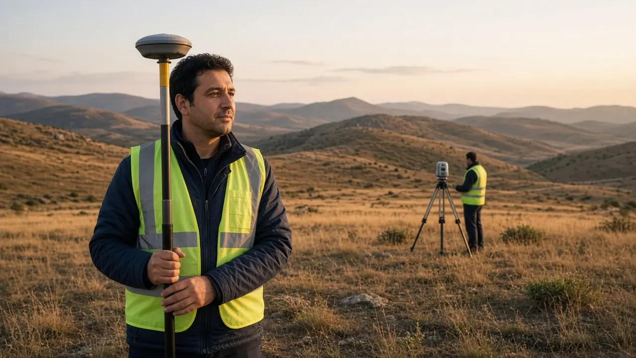 Açık arazide GNSS alıcısı ve total station ile ölçüm yapan harita ekibi